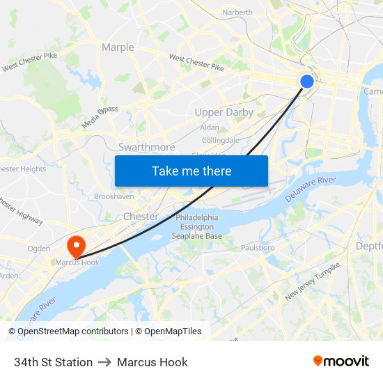 34th St Station to Marcus Hook map