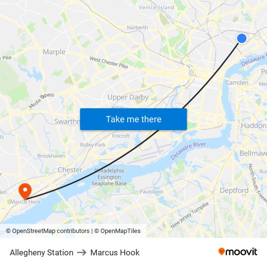 Allegheny Station to Marcus Hook map
