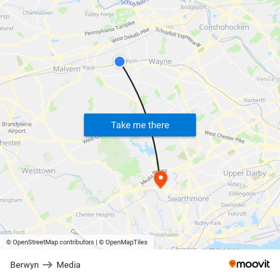 Berwyn to Media map