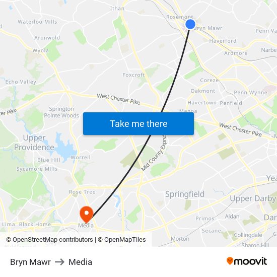Bryn Mawr to Media map