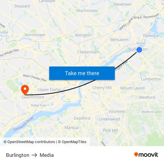 Burlington to Media map