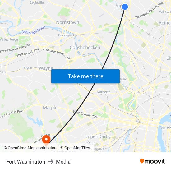 Fort Washington to Media map