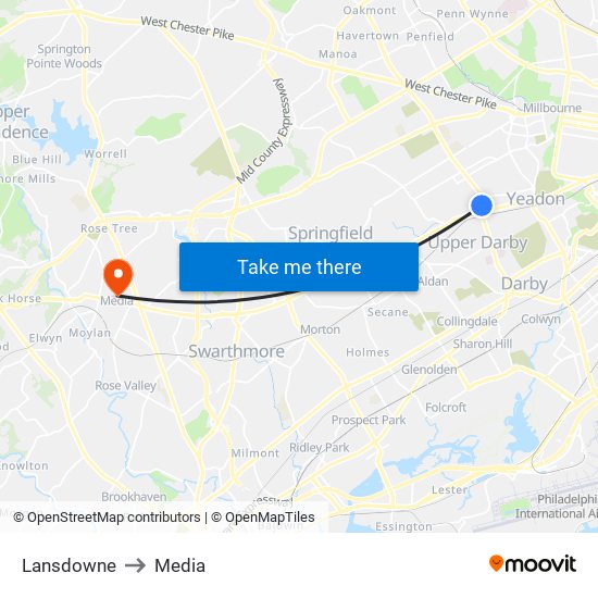 Lansdowne to Media map