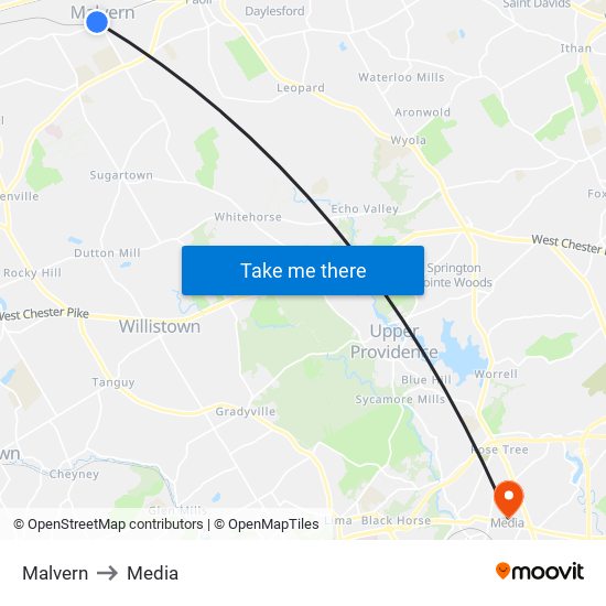 Malvern to Media map