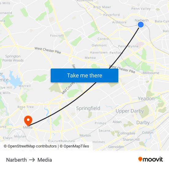 Narberth to Media map