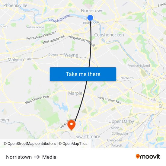 Norristown to Media map