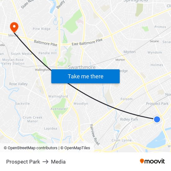 Prospect Park to Media map