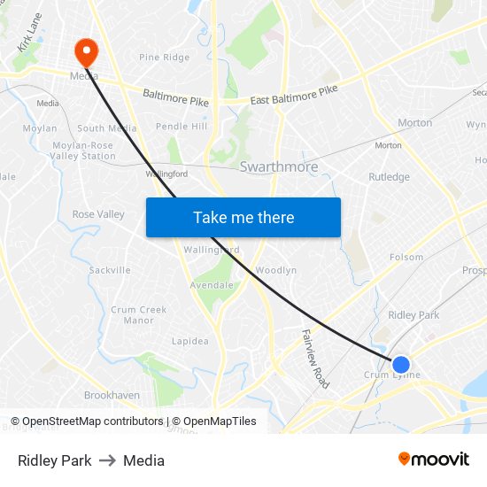 Ridley Park to Media map