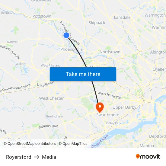 Royersford to Media map