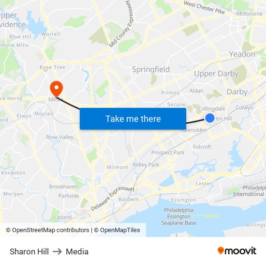 Sharon Hill to Media map