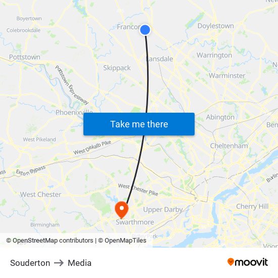 Souderton to Media map