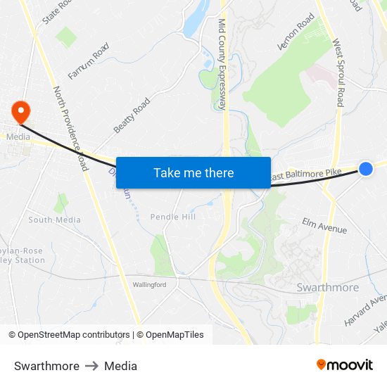 Swarthmore to Media map