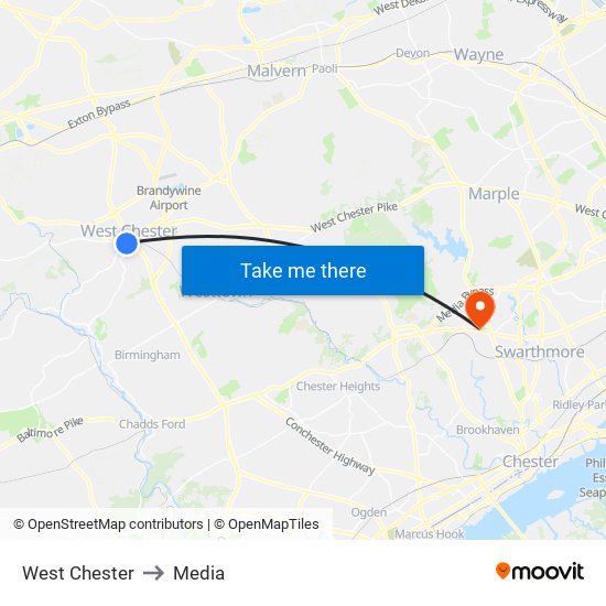 West Chester to Media map