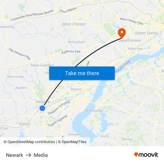 Newark to Media map