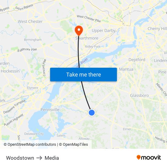 Woodstown to Media map