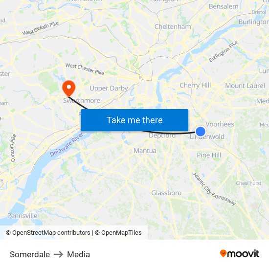 Somerdale to Media map