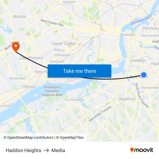 Haddon Heights to Media map