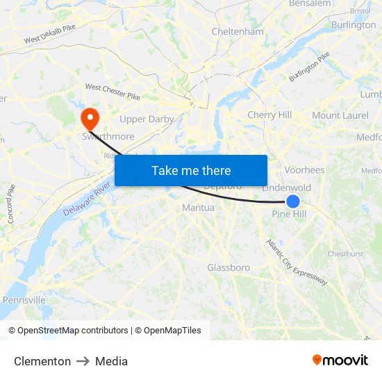 Clementon to Media map