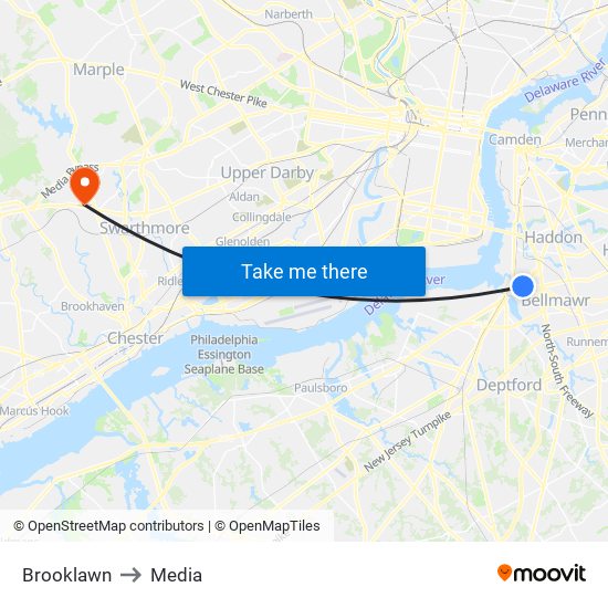 Brooklawn to Media map