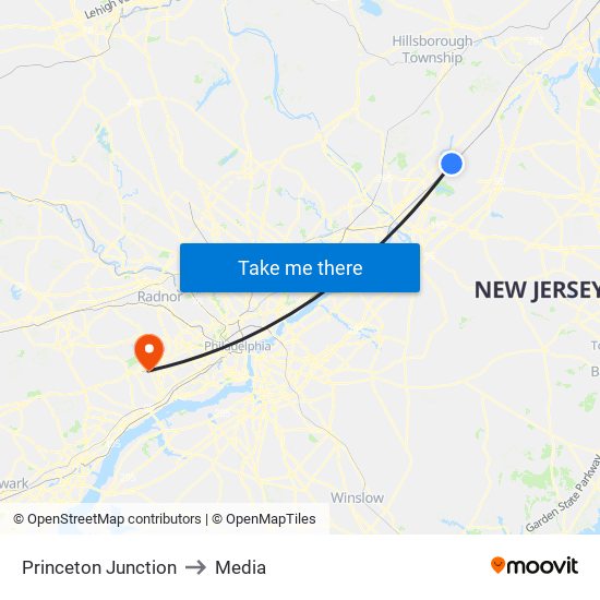 Princeton Junction to Media map