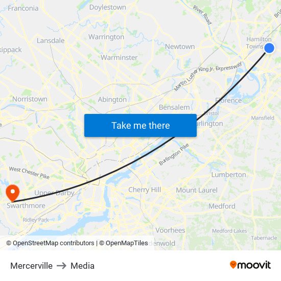 Mercerville to Media map