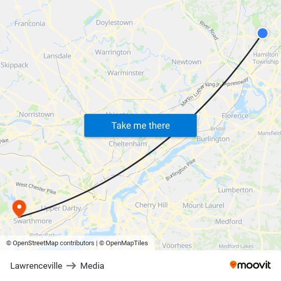 Lawrenceville to Media map