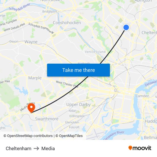 Cheltenham to Media map
