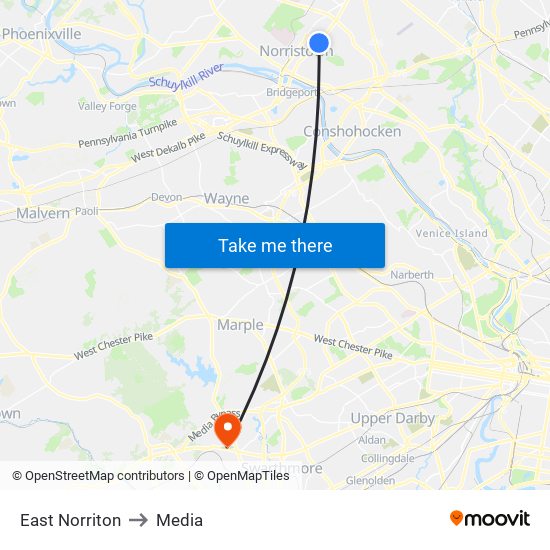 East Norriton to Media map