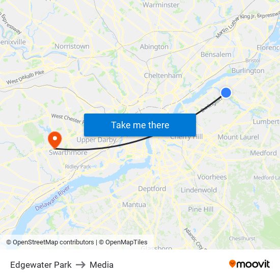 Edgewater Park to Media map