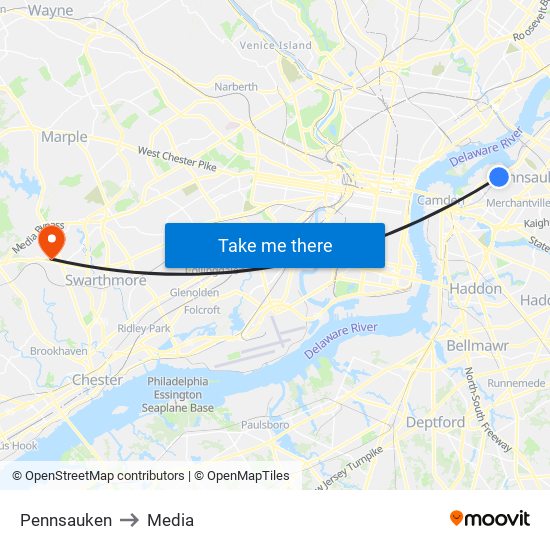 Pennsauken to Media map