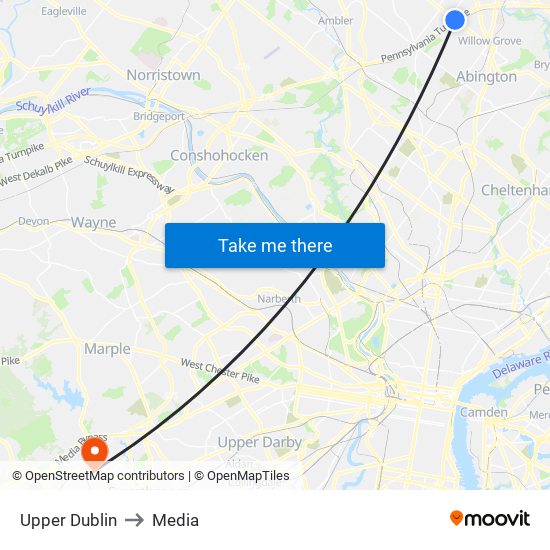 Upper Dublin to Media map