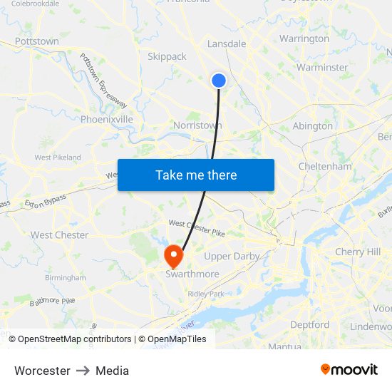 Worcester to Media map