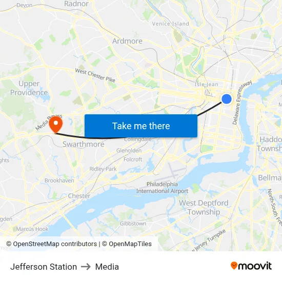 Jefferson Station to Media map