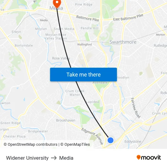 Widener University to Media map