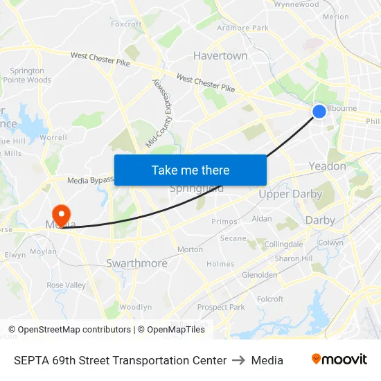 SEPTA 69th Street Transportation Center to Media map