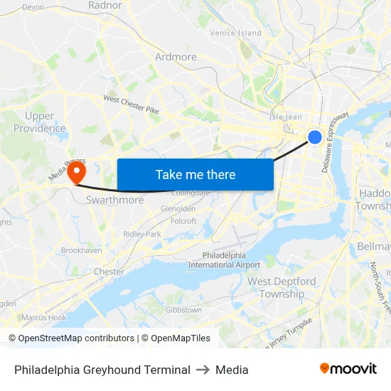 Philadelphia Greyhound Terminal to Media map