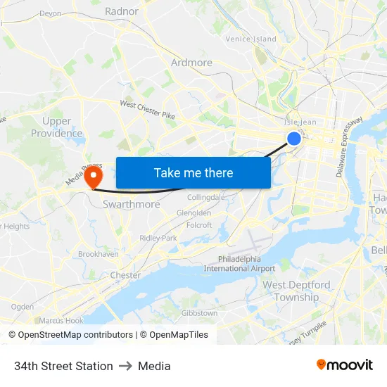 34th Street Station to Media map