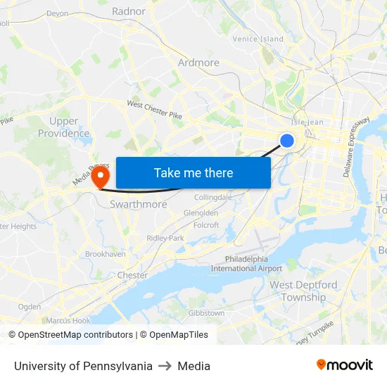 University of Pennsylvania to Media map