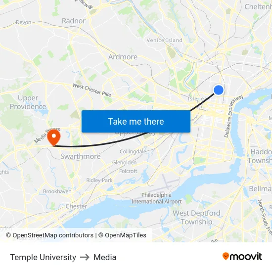 Temple University to Media map