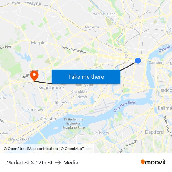 Market St & 12th St to Media map