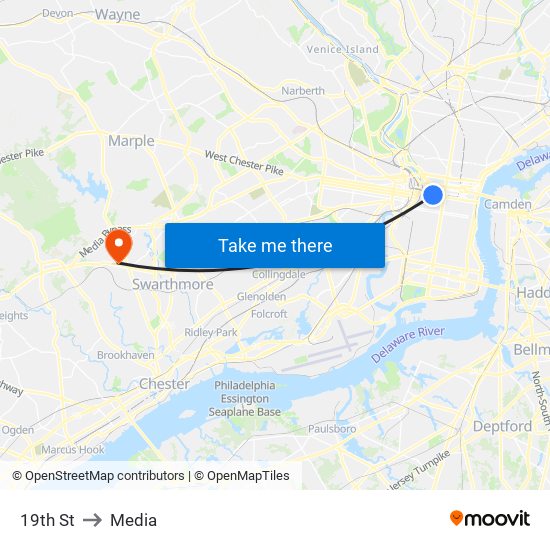19th St to Media map