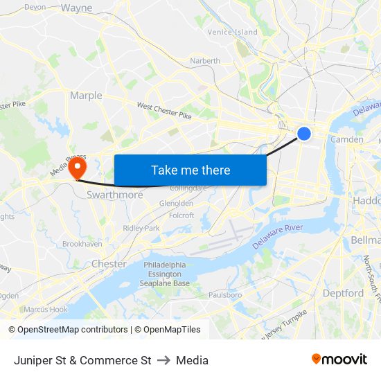 Juniper St & Commerce St to Media map
