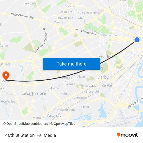 46th St Station to Media map