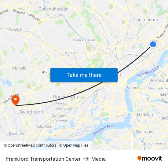 Frankford Transportation Center to Media map