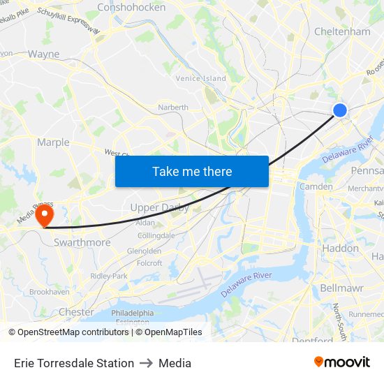 Erie Torresdale Station to Media map
