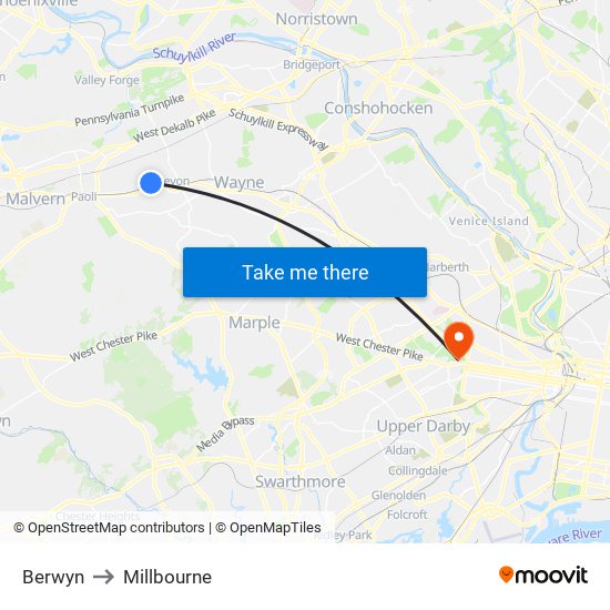 Berwyn to Millbourne map