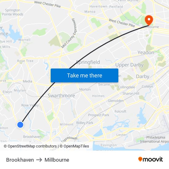 Brookhaven to Millbourne map