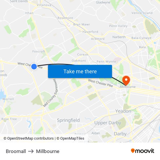 Broomall to Millbourne map