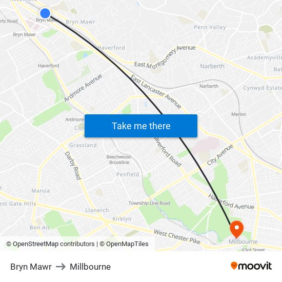 Bryn Mawr to Millbourne map