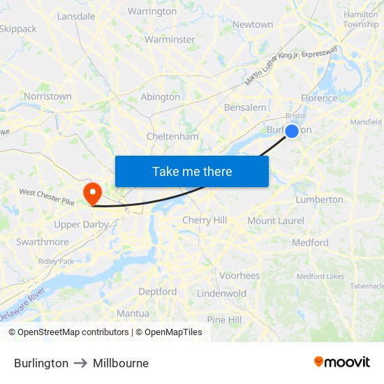 Burlington to Millbourne map